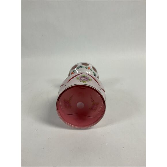 Vintage 1930’s Bohemian Cranberry White Overlay Floral Glass - 6.5"H - Picture 5 of 5